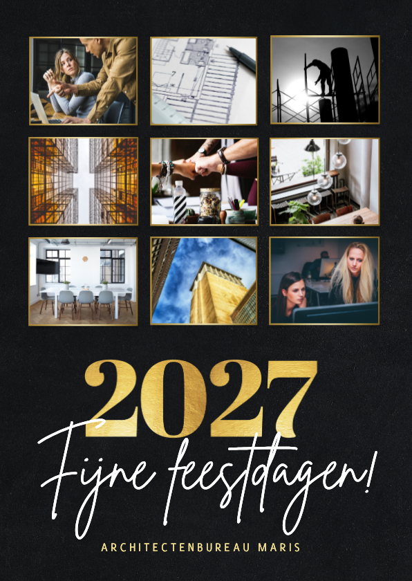 Stijlvolle zakelijke fotocollage kerstkaart met gouden 2027 - Zakelijke kerstkaarten Zakelijke kerstkaarten - Stijlvolle zakelijke fotocollage kerstkaart met gouden 2027