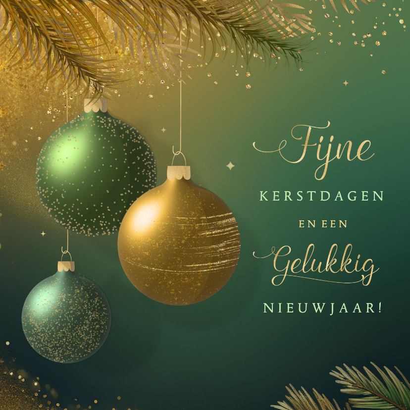 Stijlvolle zakelijke kerstkaart groen goud 3d kerstballen - Zakelijke kerstkaarten Zakelijke kerstkaarten - Stijlvolle zakelijke kerstkaart groen goud 3d kerstballen