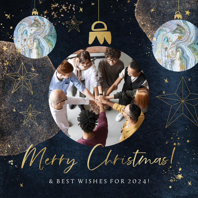 Trendy kerstkaart watercolour goudlook kerstballen blauw - Zakelijke kerstkaarten Zakelijke kerstkaarten - Trendy kerstkaart watercolour goudlook kerstballen blauw