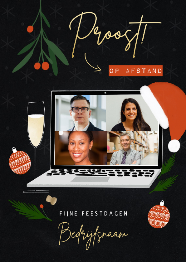 Zakelijke kerstkaarten - Trendy zakelijke kerstkaart proost op afstand met laptop