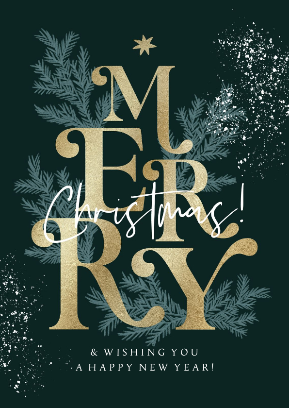 Typografische kerstkaart kerstboom goudlook dennentak sneeuw - Zakelijke kerstkaarten Zakelijke kerstkaarten - Typografische kerstkaart kerstboom goudlook dennentak sneeuw