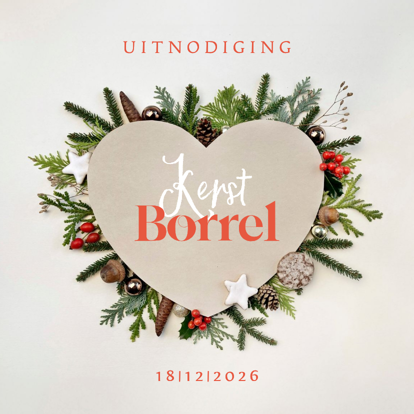 Zakelijke kerstkaarten - Uitnodiging kerstborrel hart met kerstdecoratie