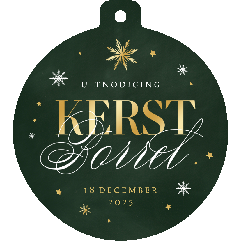 Uitnodiging kerstborrel kerstbal sneeuw sterren goud - Zakelijke kerstkaarten Zakelijke kerstkaarten - Uitnodiging kerstborrel kerstbal sneeuw sterren goud