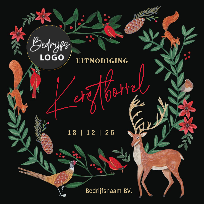 Zakelijke kerstkaarten - Uitnodiging kerstborrel kerstkrans met bosdieren