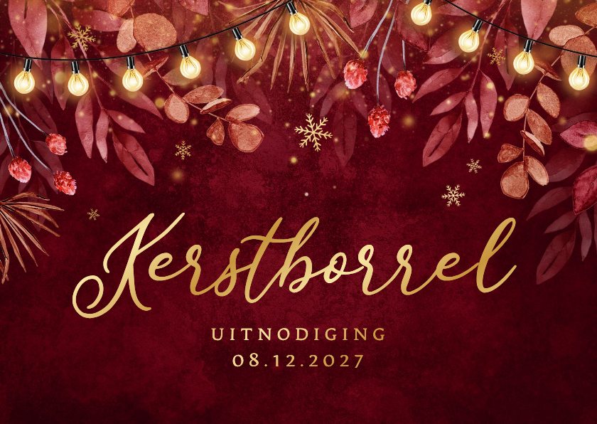 Uitnodiging kerstborrel lampjes takjes sneeuwvlokken rood - Zakelijke kerstkaarten Zakelijke kerstkaarten - Uitnodiging kerstborrel lampjes takjes sneeuwvlokken rood