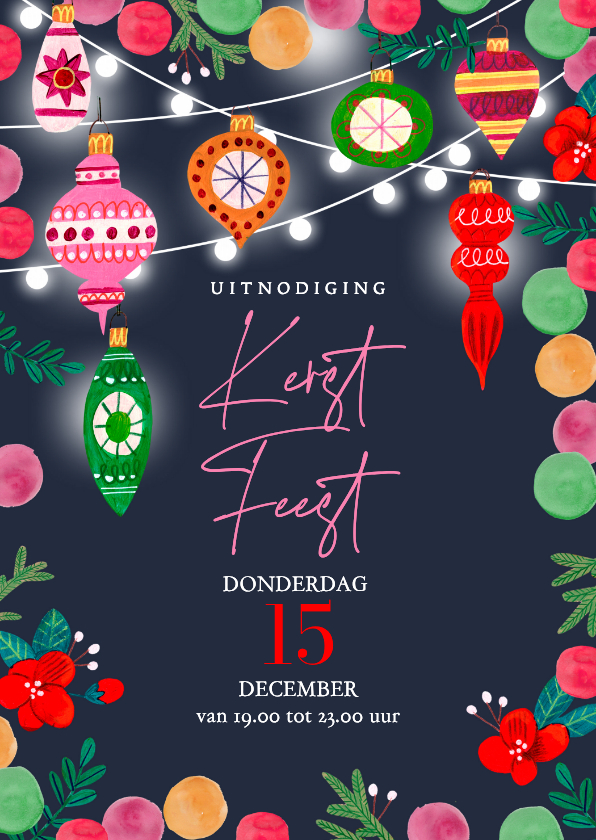 Uitnodiging kerstfeest kerstballen en lichtjes - Zakelijke kerstkaarten Zakelijke kerstkaarten - Uitnodiging kerstfeest kerstballen en lichtjes