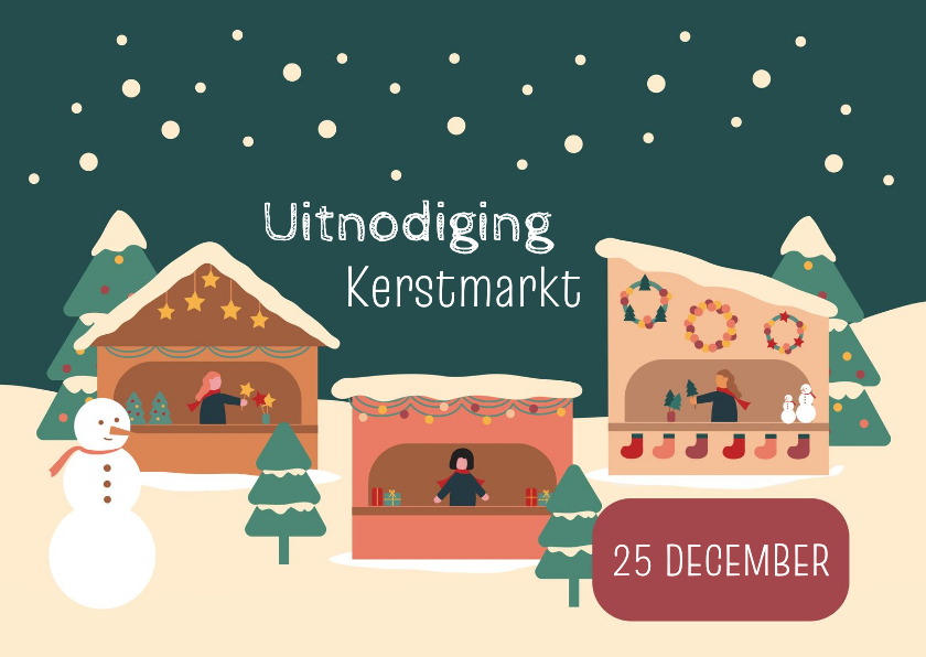 Zakelijke kerstkaarten - Uitnodiging kerstmarkt met kraampjes en kerstbomen