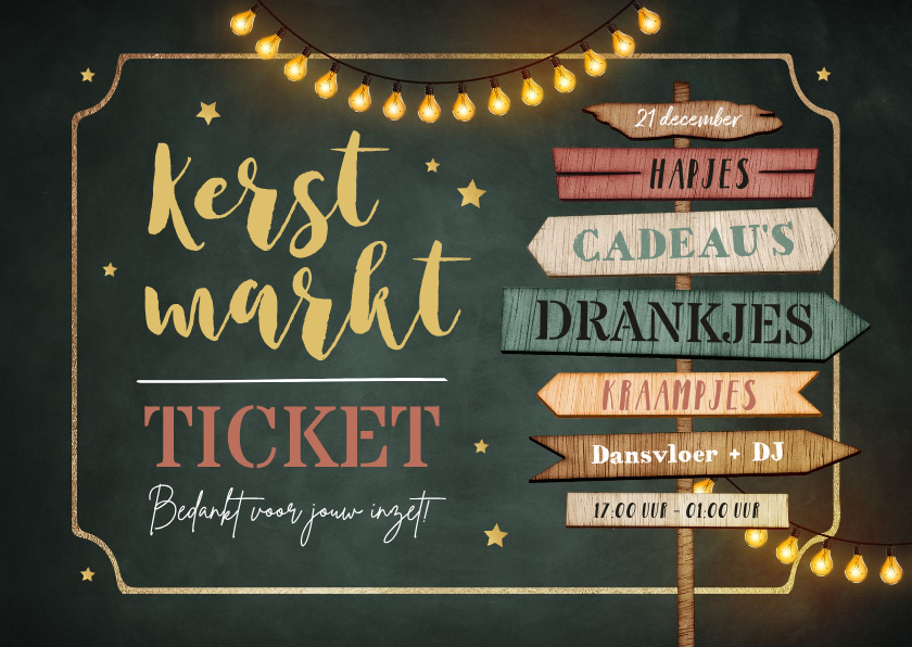 Uitnodiging kerstmarkt wegwijzers ticket sterren - Zakelijke kerstkaarten Zakelijke kerstkaarten - Uitnodiging kerstmarkt wegwijzers ticket sterren