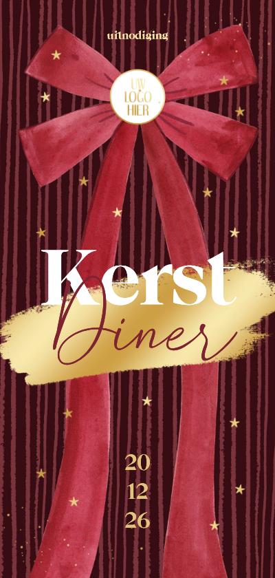Zakelijke kerstkaarten - Uitnodiging zakelijk kerstdiner grote strik strepen goud