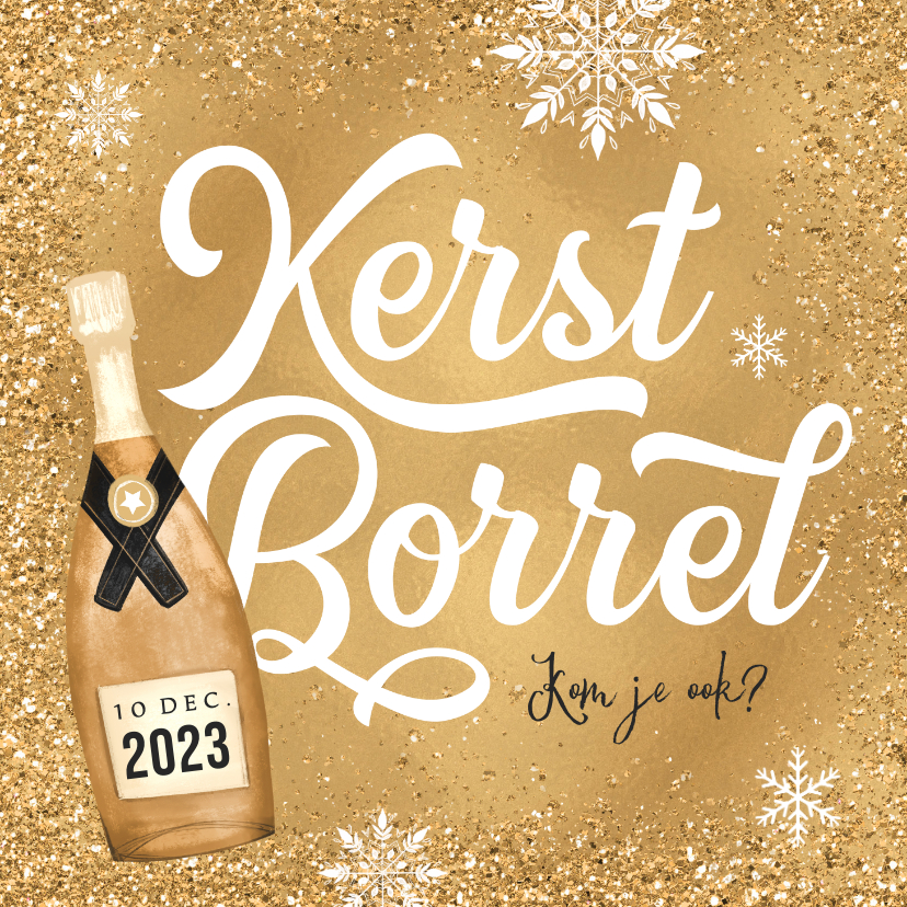 Zakelijke kerstkaarten - Uitnodiging zakelijke kerstborrel champagne goud sneeuw