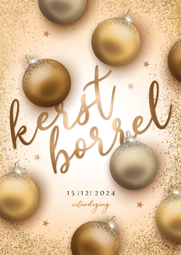 Uitnodigingskaart kerstborrel gouden kerstballen - Zakelijke kerstkaarten Zakelijke kerstkaarten - Uitnodigingskaart kerstborrel gouden kerstballen