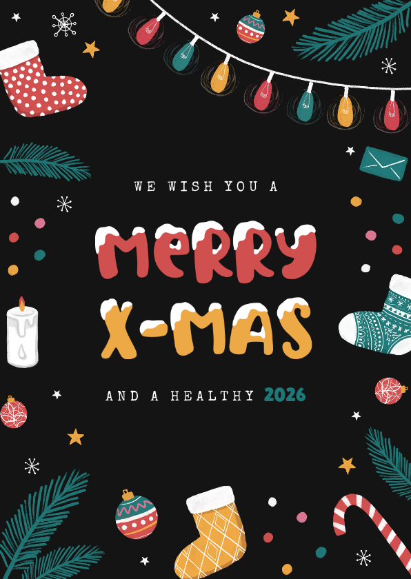 Vrolijke zakelijke kerstkaart met sokken en kerstballen - Zakelijke kerstkaarten Zakelijke kerstkaarten - Vrolijke zakelijke kerstkaart met sokken en kerstballen