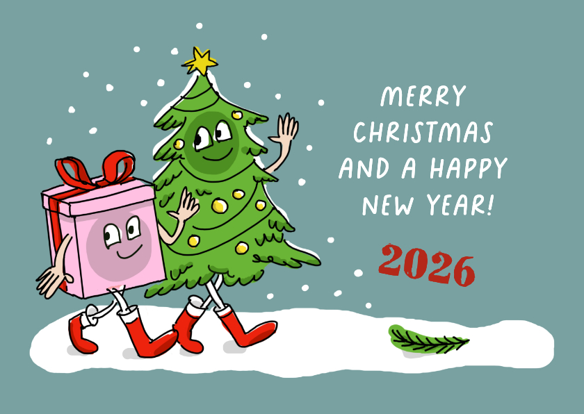 Wandelende kerstboom met kerstkado - Zakelijke kerstkaarten Zakelijke kerstkaarten - Wandelende kerstboom met kerstkado