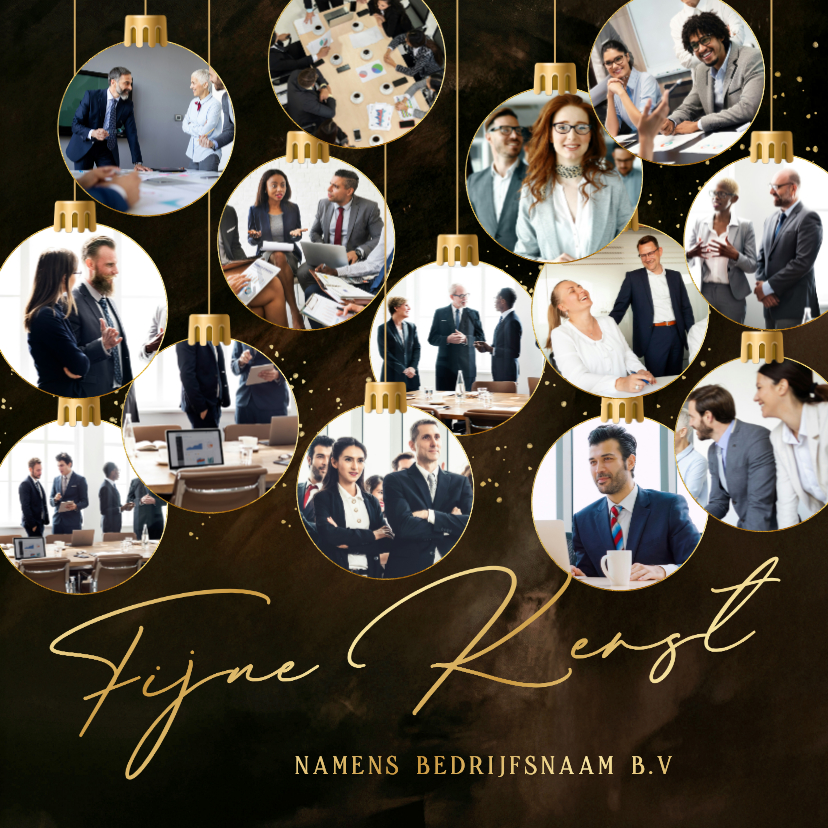 Zakelijk kerstkaartje met fotocollage 14 kerstballen goud - Zakelijke kerstkaarten Zakelijke kerstkaarten - Zakelijk kerstkaartje met fotocollage 14 kerstballen goud