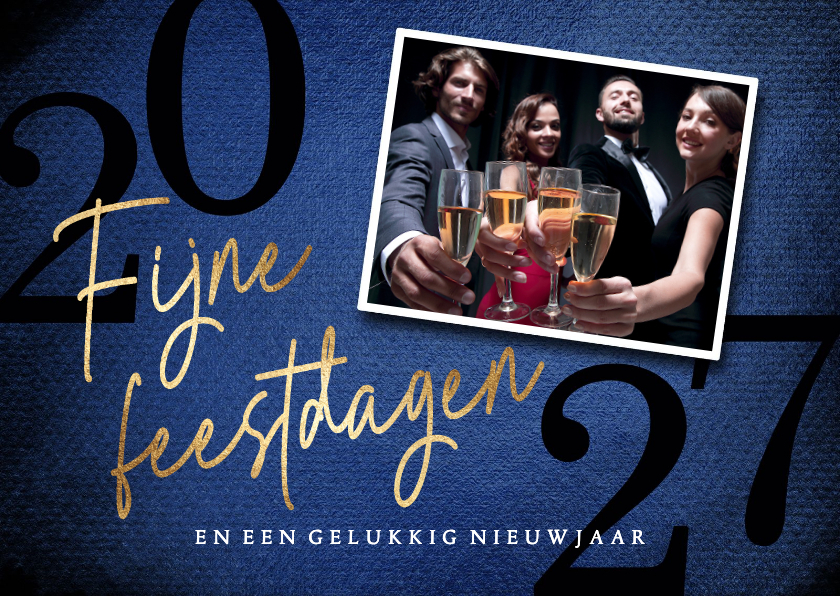 Zakelijke foto kerstkaart in blauw met goud 2027 - Zakelijke kerstkaarten Zakelijke kerstkaarten - Zakelijke foto kerstkaart in blauw met goud 2027