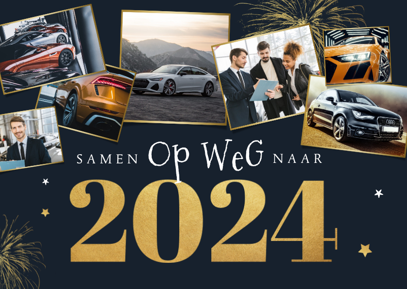 Zakelijke kerst- en nieuwjaarskaart auto fotocollage goud - Zakelijke kerstkaarten Zakelijke kerstkaarten - Zakelijke kerst- en nieuwjaarskaart auto fotocollage goud