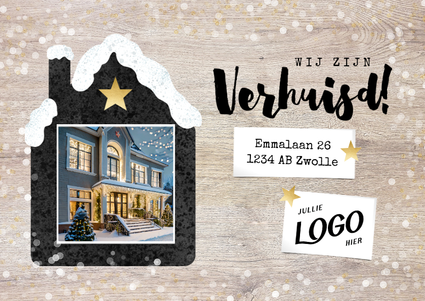 Zakelijke kerstkaarten - Zakelijke kerst- verhuiskaart met huisje sneeuw en logo