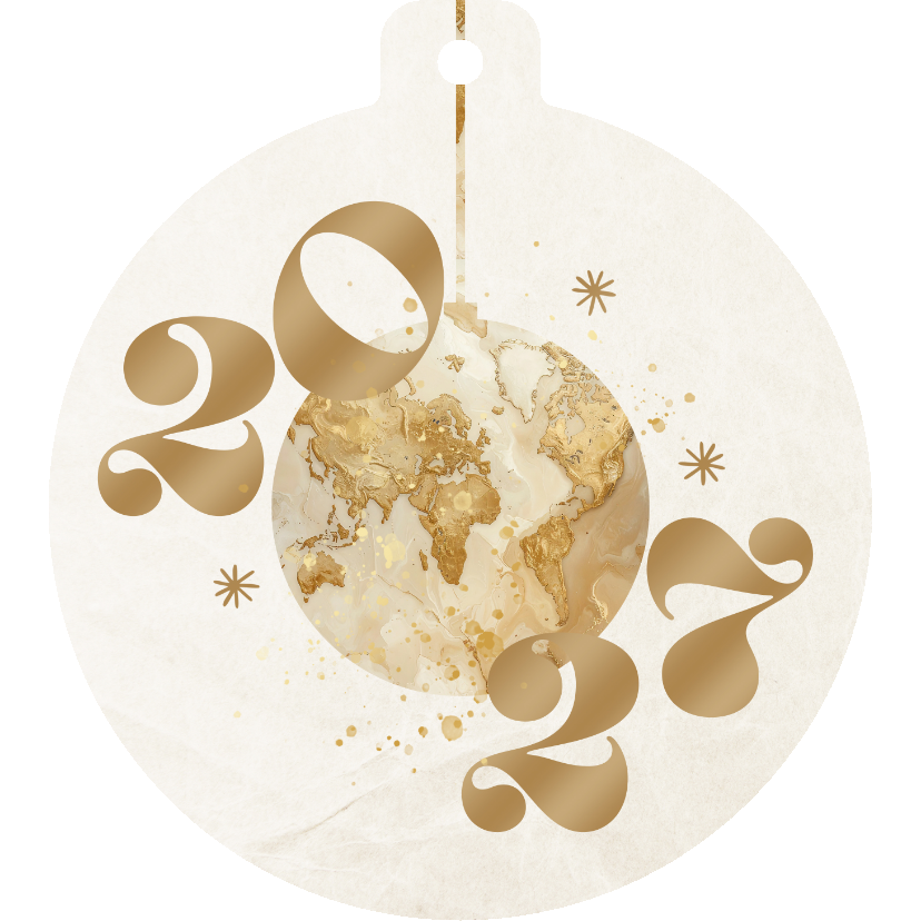 Zakelijke kerstbal kerstkaart 2027 met wereldkaart - Zakelijke kerstkaarten Zakelijke kerstkaarten - Zakelijke kerstbal kerstkaart 2027 met wereldkaart