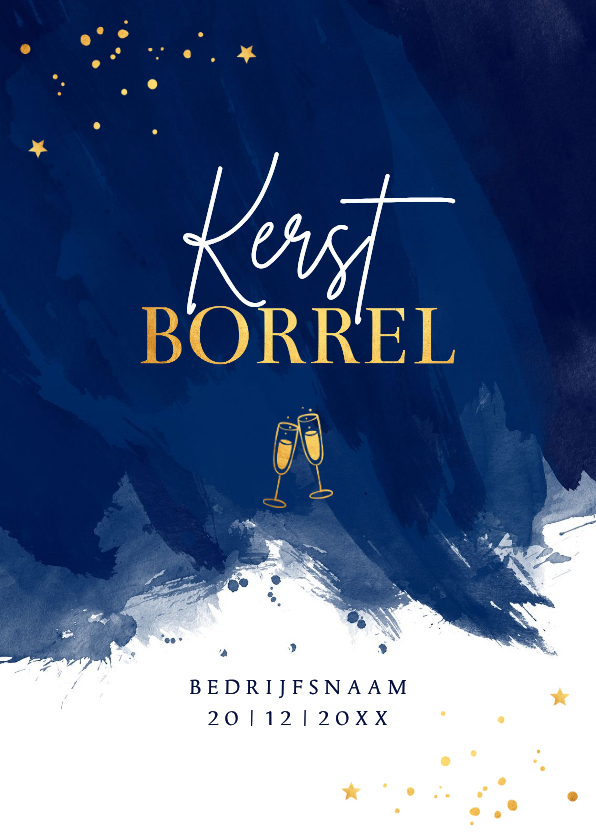 Zakelijke kerstborrel uitnodiging blauw waterverf goudlook - Zakelijke kerstkaarten Zakelijke kerstkaarten - Zakelijke kerstborrel uitnodiging blauw waterverf goudlook