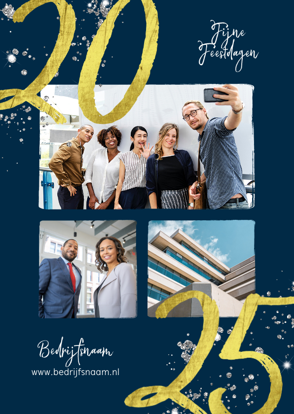 Zakelijke kerstkaart 2025 goud glitter foto's Kaartje2go