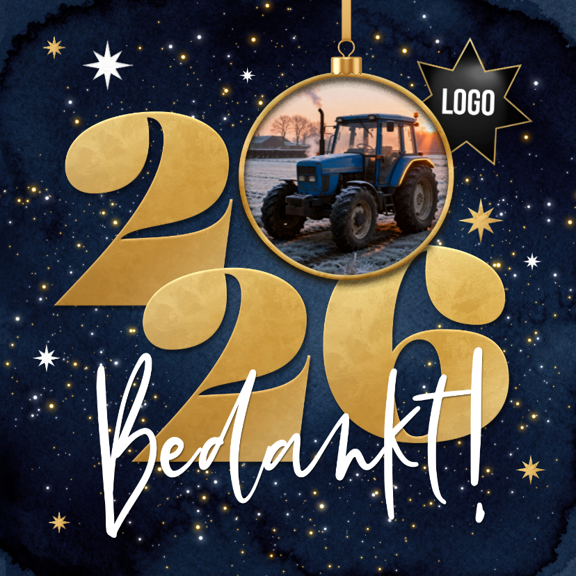 Zakelijke kerstkaarten - Zakelijke kerstkaart 2026 sterren goud foto logo bedankt