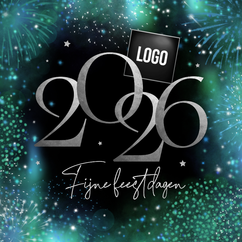 Zakelijke kerstkaart 2026 vuurwerk blauw groen zilver - Zakelijke kerstkaarten Zakelijke kerstkaarten - Zakelijke kerstkaart 2026 vuurwerk blauw groen zilver