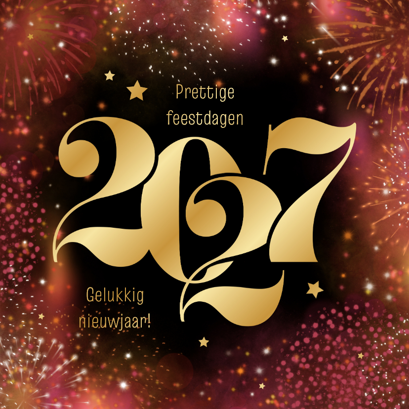Zakelijke kerstkaart 2027 goud rood vuurwerk sterren - Zakelijke kerstkaarten Zakelijke kerstkaarten - Zakelijke kerstkaart 2027 goud rood vuurwerk sterren