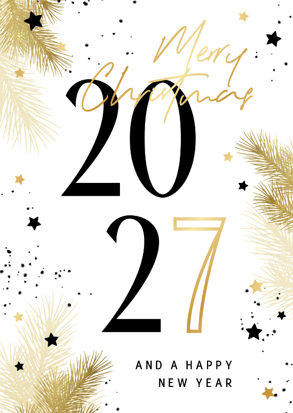 Zakelijke kerstkaart 2027 zwart-wit met takjes en sterren - Zakelijke kerstkaarten Zakelijke kerstkaarten - Zakelijke kerstkaart 2027 zwart-wit met takjes en sterren