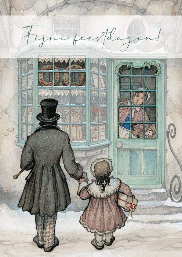Zakelijke kerstkaart Anton Pieck man en kind voor winkel - Zakelijke kerstkaarten Zakelijke kerstkaarten - Zakelijke kerstkaart Anton Pieck man en kind voor winkel