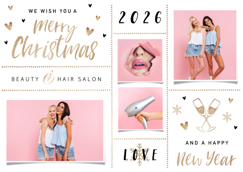 Zakelijke kerstkaart beauty haar salon goud foto hartjes - Zakelijke kerstkaarten Zakelijke kerstkaarten - Zakelijke kerstkaart beauty haar salon goud foto hartjes