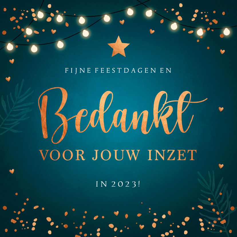 Zakelijke kerstkaarten - Zakelijke kerstkaart bedankt lampjes koperlook blauw