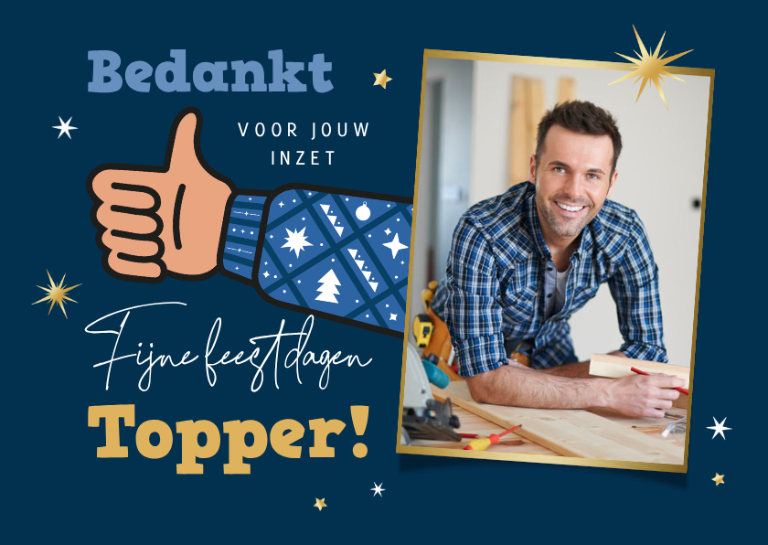 Zakelijke kerstkaarten - Zakelijke kerstkaart bedankt medewerkers duim sterren foto