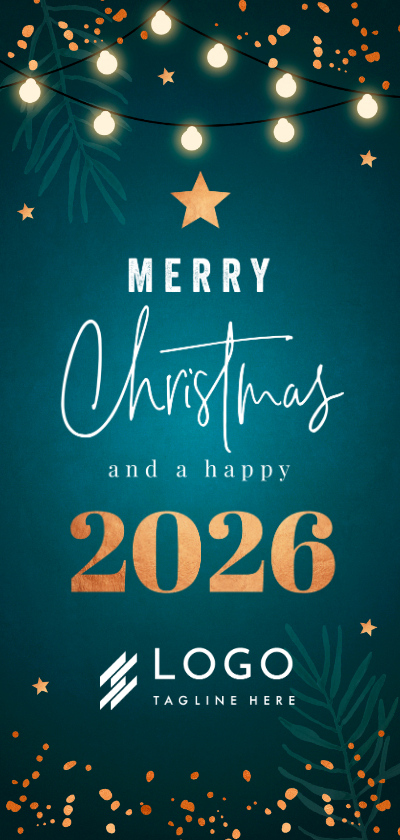 Zakelijke kerstkaart blauw jaartal 2026 lampjes koperlook - Zakelijke kerstkaarten Zakelijke kerstkaarten - Zakelijke kerstkaart blauw jaartal 2026 lampjes koperlook
