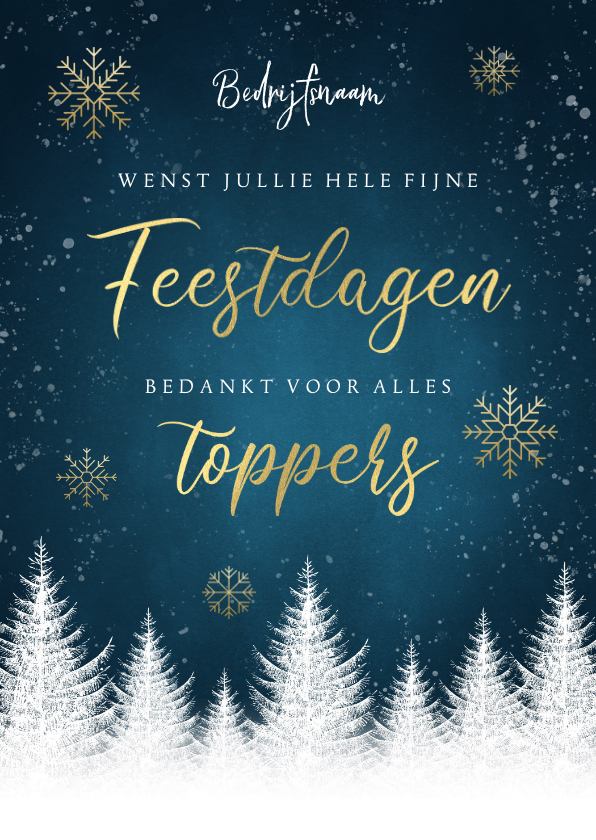 Zakelijke kerstkaarten - Zakelijke kerstkaart bomen, gouden typografie, sneeuwvlokken