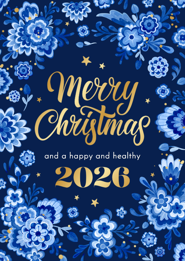 Zakelijke kerstkaart delfts blauw stijlvol bloemen goud 2026 - Zakelijke kerstkaarten Zakelijke kerstkaarten - Zakelijke kerstkaart delfts blauw stijlvol bloemen goud 2026