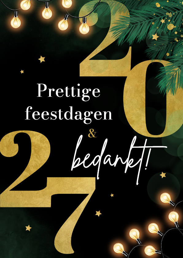 Zakelijke kerstkaarten - Zakelijke kerstkaart dennentakjes goud sterren 2027