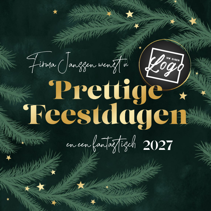 Zakelijke kerstkaart dennentakjes groen goud sterren logo - Zakelijke kerstkaarten Zakelijke kerstkaarten - Zakelijke kerstkaart dennentakjes groen goud sterren logo