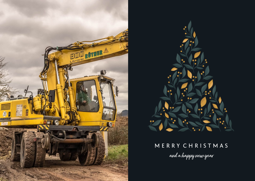 Zakelijke kerstkaart donker met botanische kerstboom en foto - Zakelijke kerstkaarten Zakelijke kerstkaarten - Zakelijke kerstkaart donker met botanische kerstboom en foto