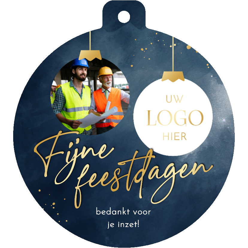 Zakelijke kerstkaart donkerblauw met twee foto kerstbalvorm - Zakelijke kerstkaarten Zakelijke kerstkaarten - Zakelijke kerstkaart donkerblauw met twee foto kerstbalvorm