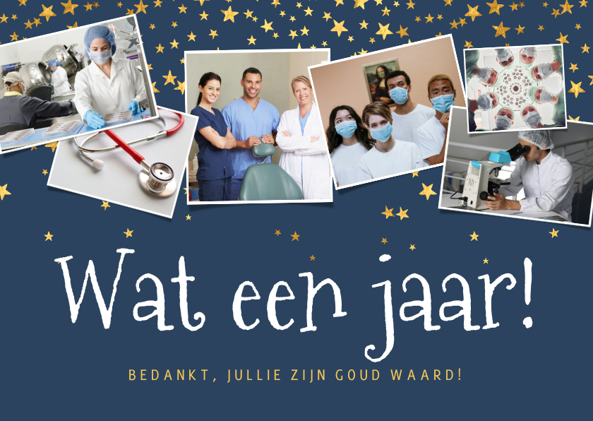 Zakelijke kerstkaarten - Zakelijke kerstkaart fotocollage wat en jaar sterren goud