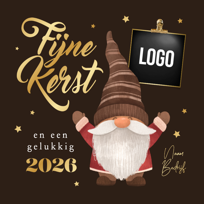Zakelijke kerstkaart gnome kabouter fijne kerst goud logo - Zakelijke kerstkaarten Zakelijke kerstkaarten - Zakelijke kerstkaart gnome kabouter fijne kerst goud logo