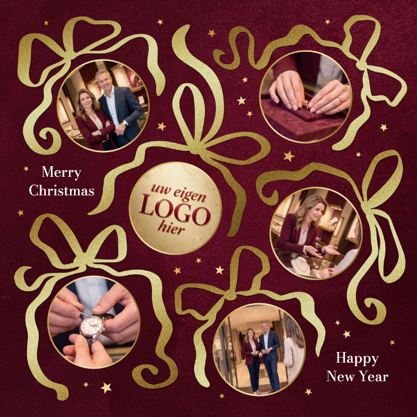 Zakelijke kerstkaart goud strikjes fotocollage sterren rood - Zakelijke kerstkaarten Zakelijke kerstkaarten - Zakelijke kerstkaart goud strikjes fotocollage sterren rood