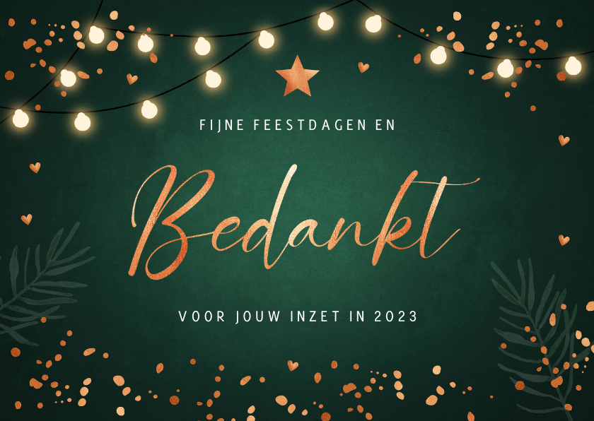 Zakelijke kerstkaarten - Zakelijke kerstkaart groen confetti koperlook lampjes