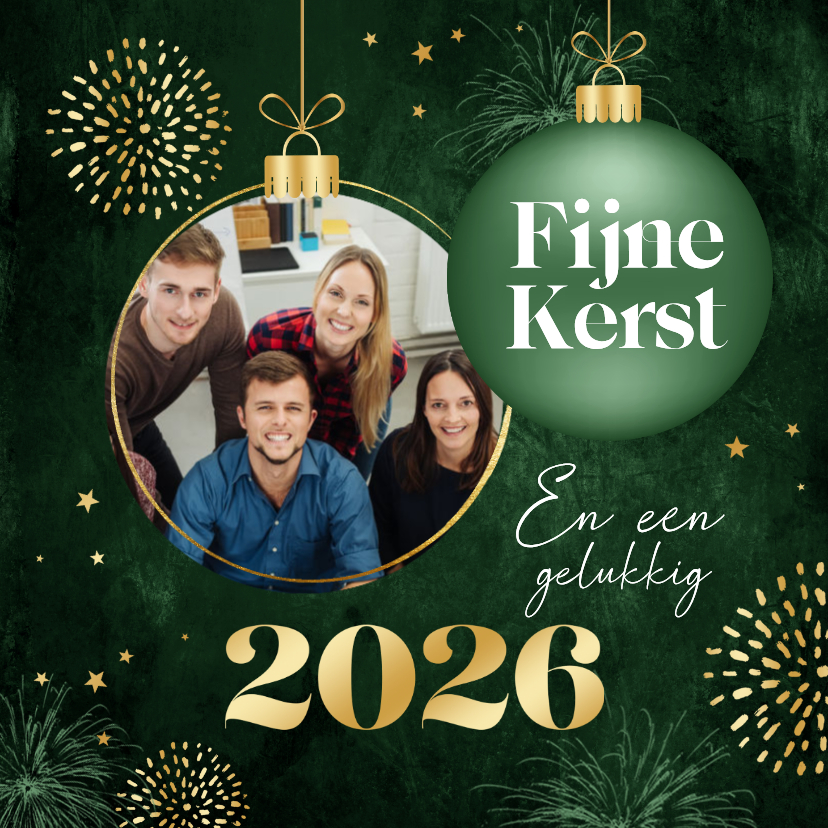 Zakelijke kerstkaart groen kerstballen goud foto sterren - Zakelijke kerstkaarten Zakelijke kerstkaarten - Zakelijke kerstkaart groen kerstballen goud foto sterren