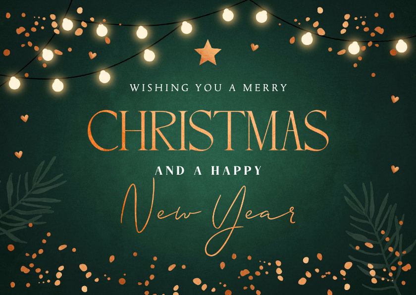 Zakelijke kerstkaarten - Zakelijke kerstkaart groen sparkles koperlook lampjes