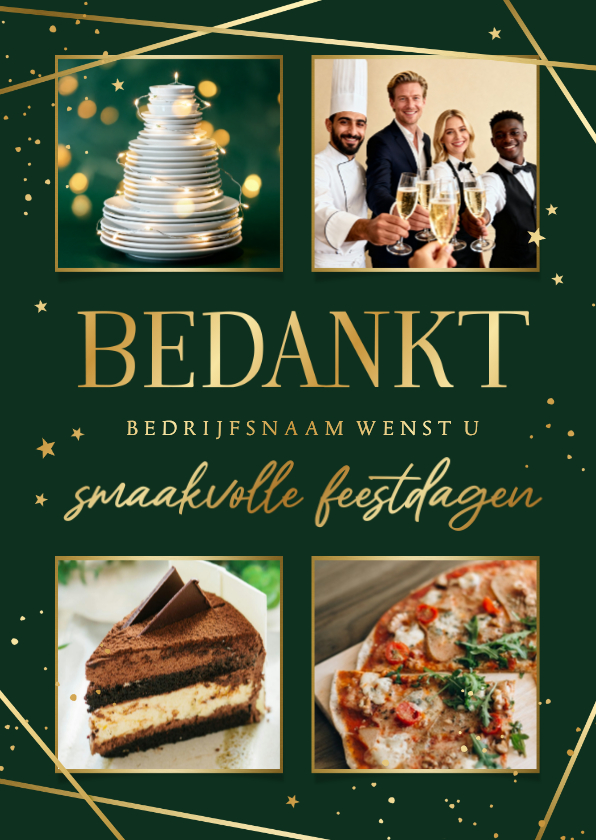 Zakelijke kerstkaart horeca bezorging fotocollage goud - Zakelijke kerstkaarten Zakelijke kerstkaarten - Zakelijke kerstkaart horeca bezorging fotocollage goud