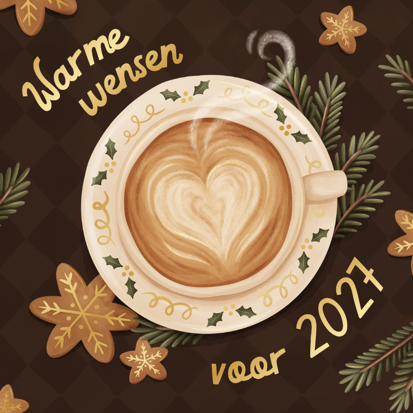 Zakelijke kerstkaarten - Zakelijke kerstkaart horeca cappuccino met goudfolie