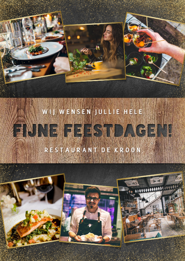 Zakelijke kerstkaart horeca met hout, krijtbord en foto's - Zakelijke kerstkaarten Zakelijke kerstkaarten - Zakelijke kerstkaart horeca met hout, krijtbord en foto's