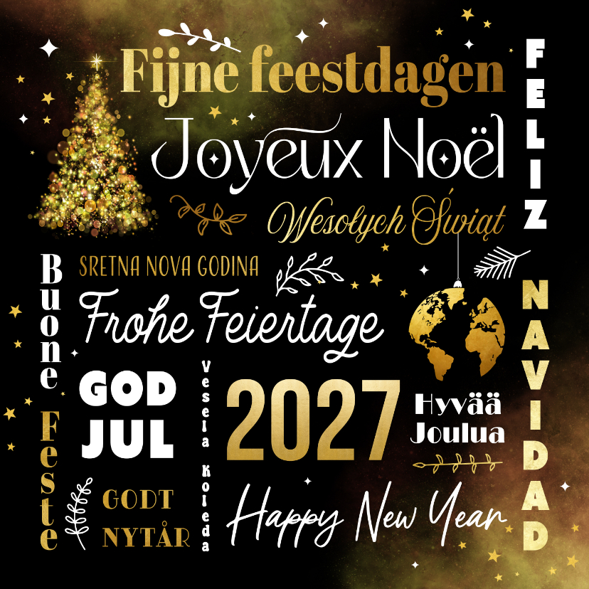 Zakelijke kerstkaarten - Zakelijke kerstkaart internationaal europees talen goud 2027