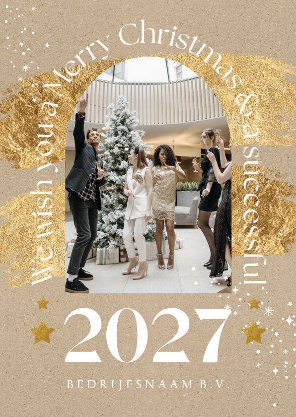 Zakelijke kerstkaart jaartal goud kraft foto sterren - Zakelijke kerstkaarten Zakelijke kerstkaarten - Zakelijke kerstkaart jaartal goud kraft foto sterren